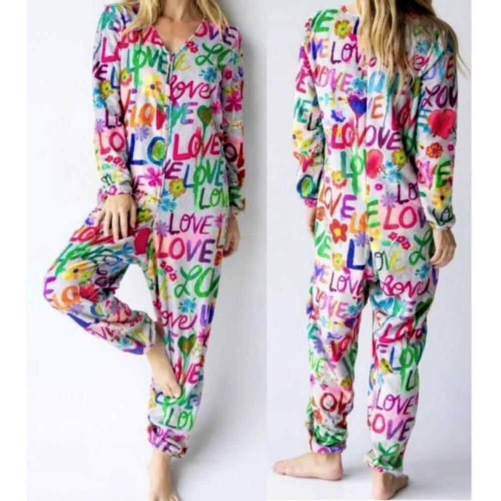 Natural Life Sherpa Fleece One Piece Pajamas Size L Rainbow Love Loungewear EUC - Picture 6 of 11